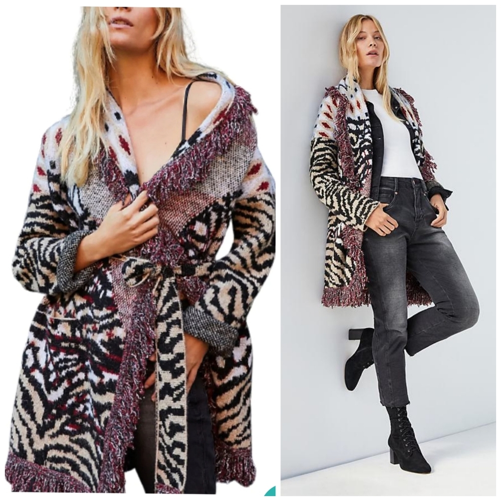 Anthropologie  Paloma Animal Print Fringed Belted Cardigan size XS